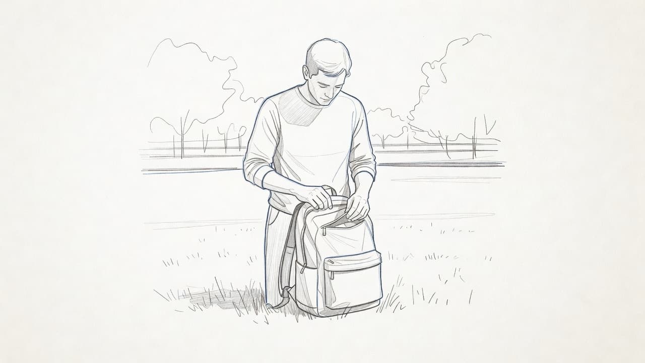 A minimalist graphite drawing depicts a figure in a park carefully inspecting the seams and pockets of an open backpack. Soft blue accent lines define the bag against the paper texture.