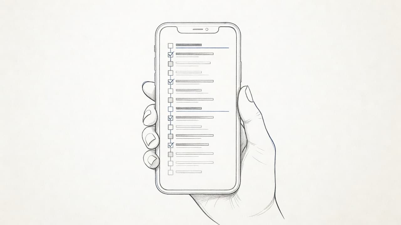A close-up view depicts a hand holding a smartphone displaying an organized task list. The clean graphite illustration features delicate shading against a textured paper backdrop with subtle cool blue accents.