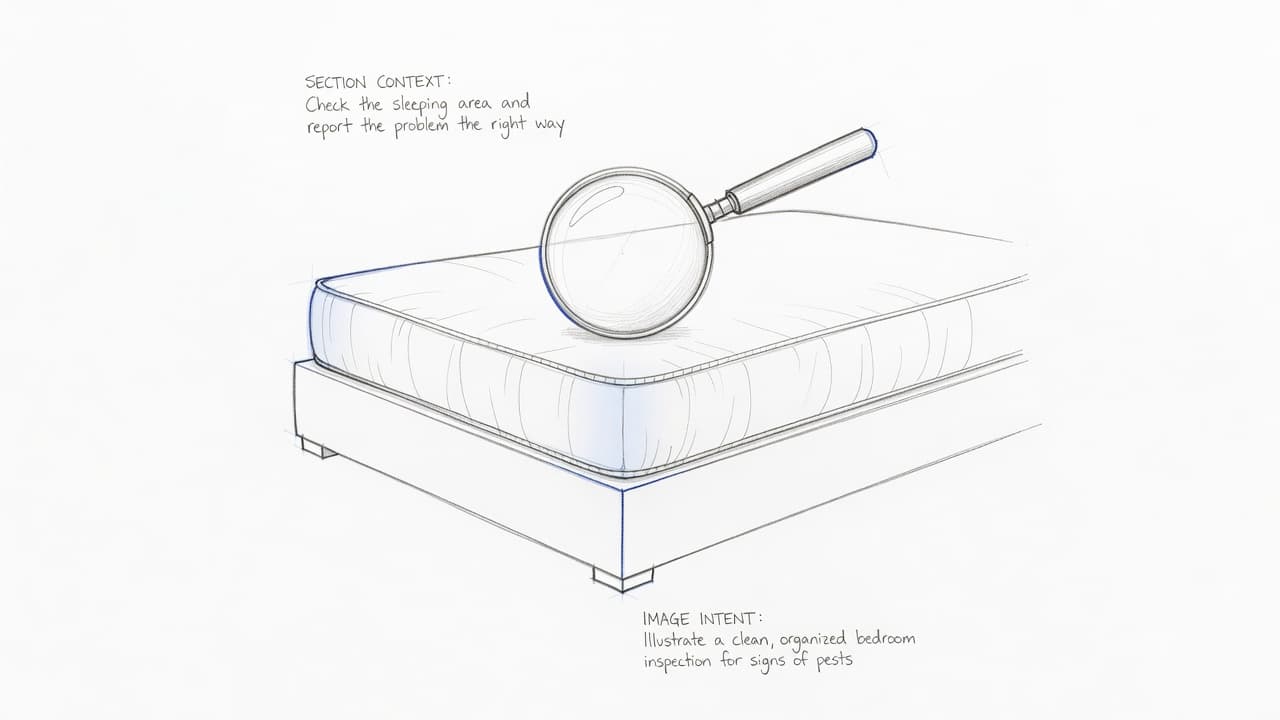 A detailed graphite sketch features a magnifying glass positioned directly over a smooth, empty mattress seam on a wooden bed frame. Minimalist shading highlights the clean texture of the fabric surface.