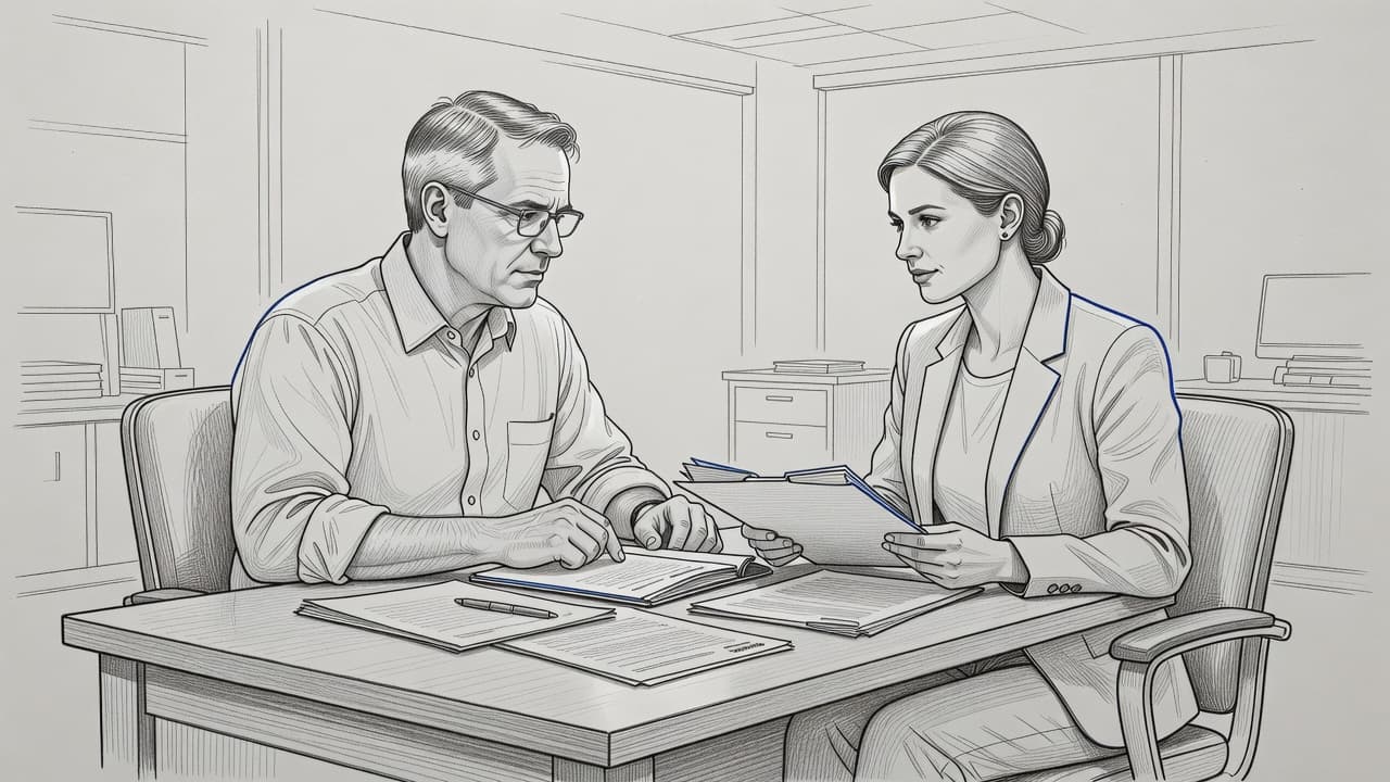 A graphite sketch on gray paper depicts a landlord and tenant seated at an office desk. They hold a shared folder while discussing rental documents with light blue accent shading.