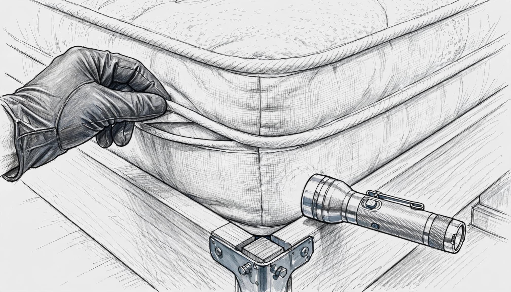 A gloved hand lifts a mattress seam beside a bed frame and flashlight.