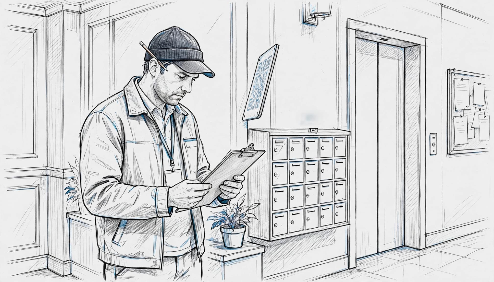 A building manager reviews a report beside a QR placard in a residential lobby.