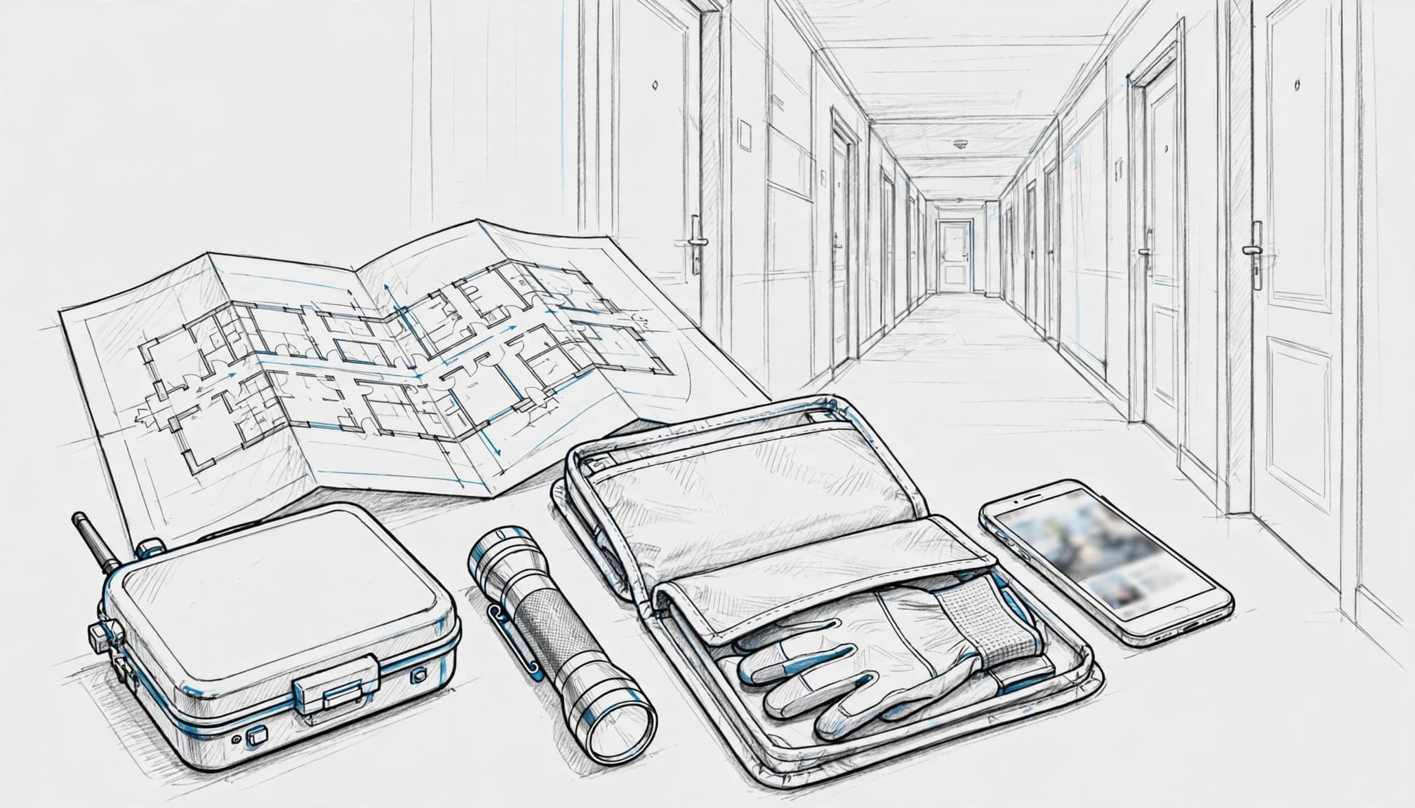 Inspection tools and a closed monitoring station sit beside a corridor map.