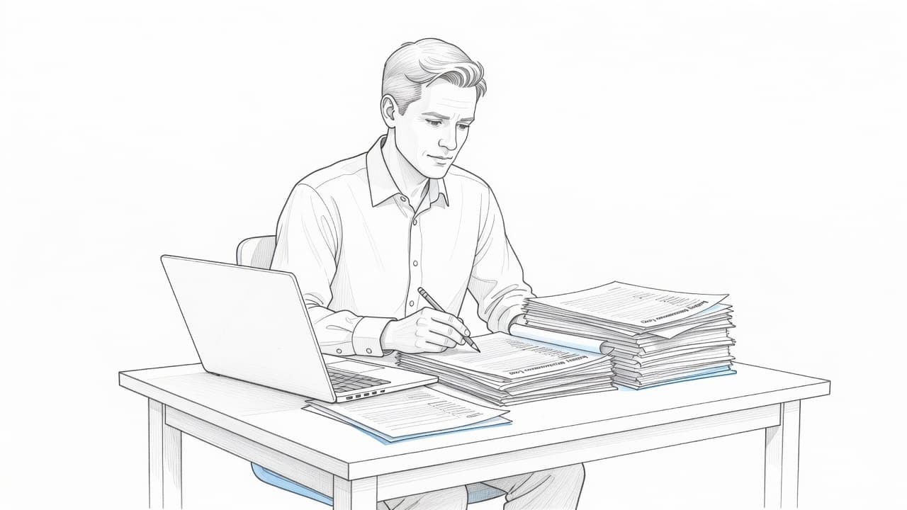 A graphite sketch depicts a professional sitting at a desk while examining a stack of maintenance papers. The minimalist scene uses subtle blue accents and clear lines against a white background.