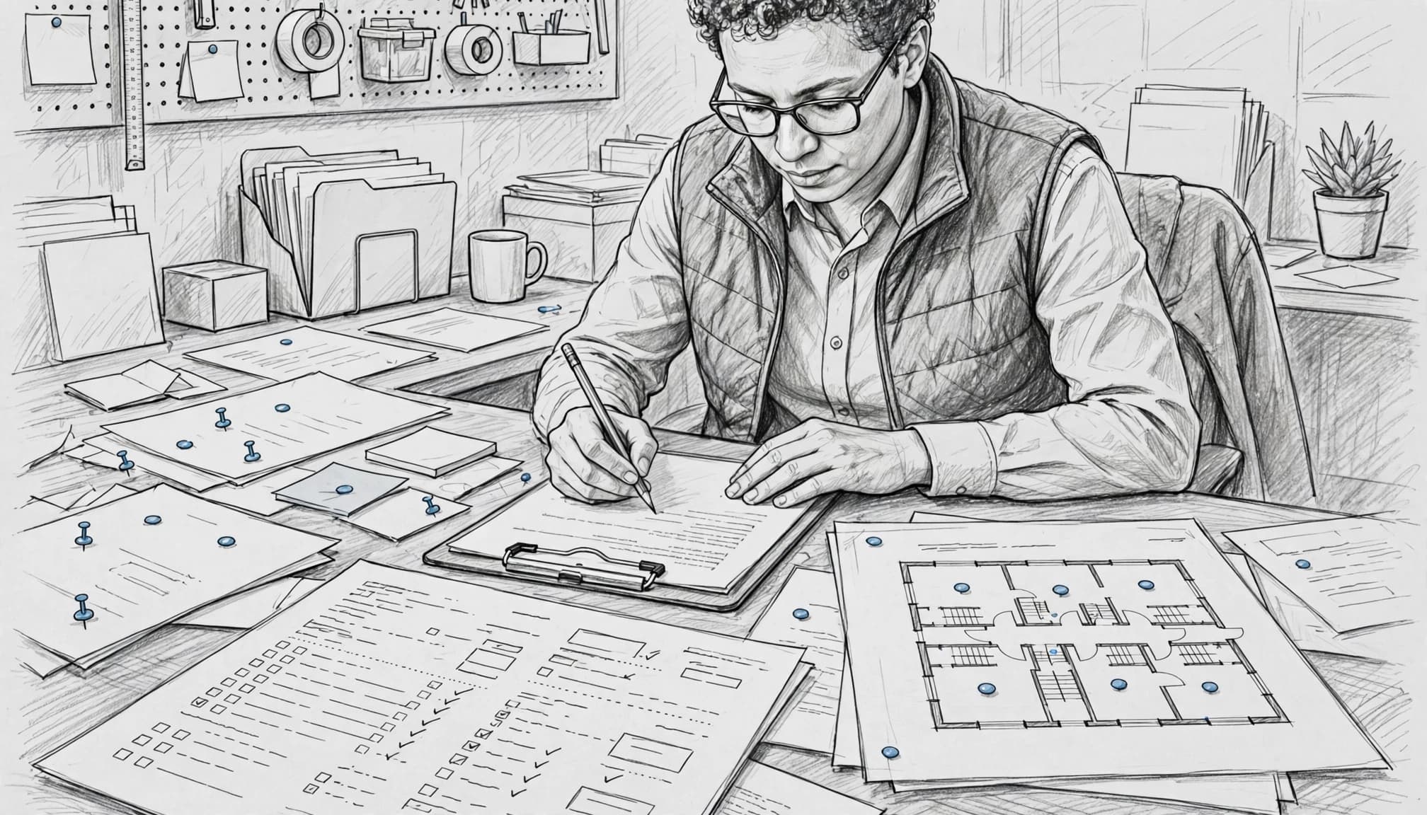 A property manager reviews a pest report beside a clipboard and apartment floor plan.