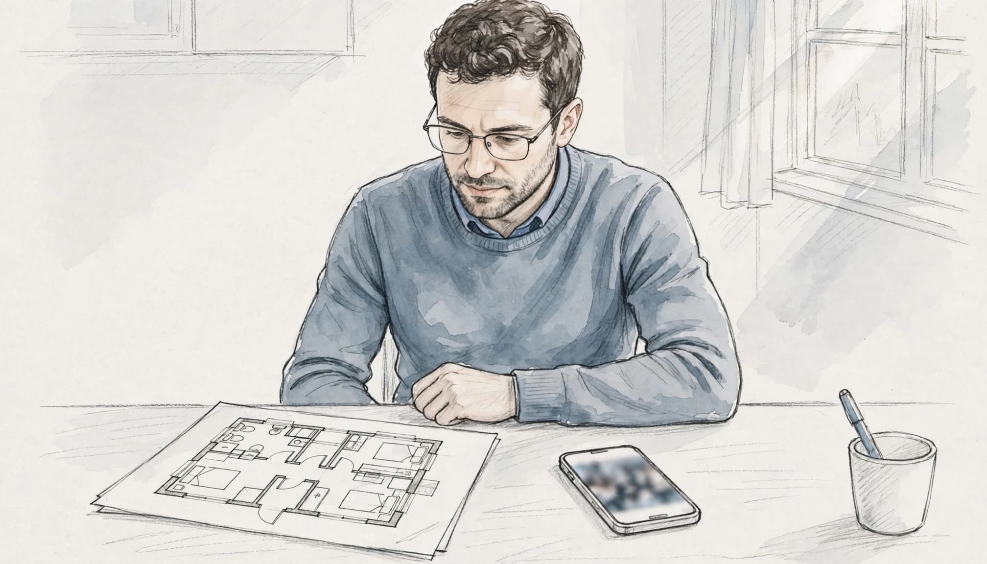 A property manager reviews a floor plan beside a phone.