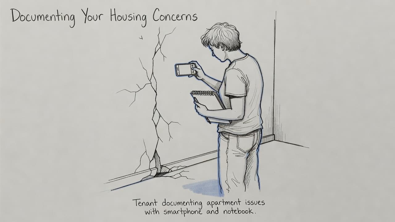 A graphite sketch on gray paper depicts a person holding a smartphone to photograph a wall fissure. They balance a small notebook in their other hand to record the structural damage.
