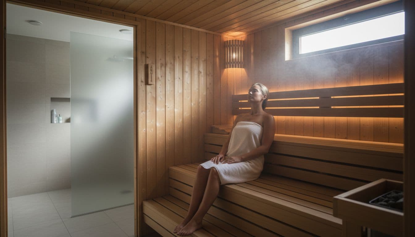 Gemütliche Indoor-Sauna in einem hellen Badezimmer mit rustikalem Holzinterieur, Bänken, sanftem warmem Licht und Dampf in der Luft. Eine einzelne Person sitzt entspannt mit geschlossenen Augen in Nahaufnahme des Raums.