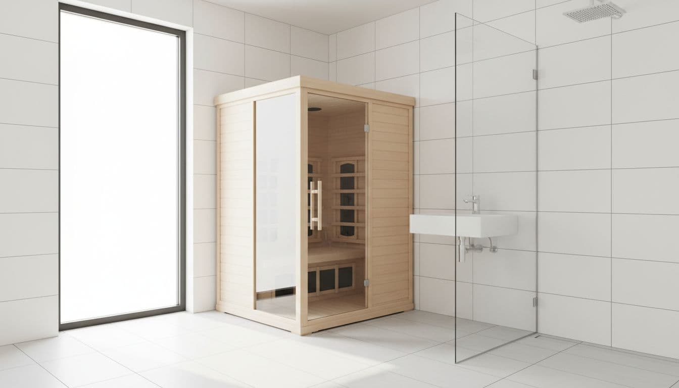 Moderne kompakte Infrarotkabine aus hellem Holz steht in einem hellen modernen Badezimmer neben Waschbecken und Dusche mit sauberen weißen Fliesen und natürlichem Tageslicht durch das Fenster. Fokus auf nahtlose Integration in den Raum, leer ohne Personen, Text oder Logos.