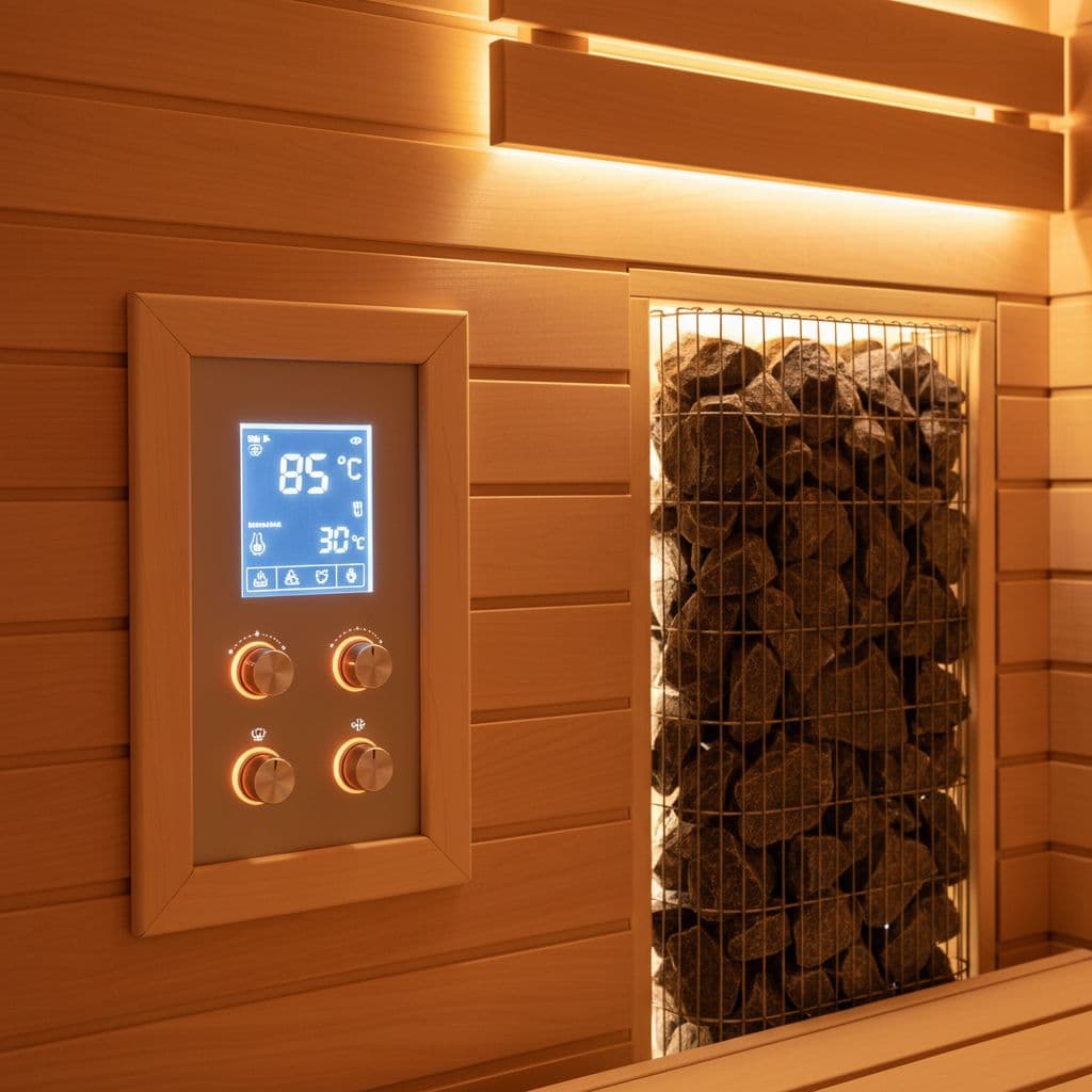Nahaufnahme einer modernen Sauna-Steuerung mit digitalem Thermometer und Ofensteinen in einem Holzsaunaraum. Fokus auf technische Elemente wie Bedienknöpfe, Holzrahmen, warmer Beleuchtung und sauberem Design.