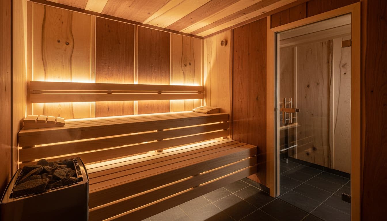 Warm sauna interior focusing on spruce and cedar wood walls and benches with natural grain under indirect lighting, wide empty shot, realistic high quality.