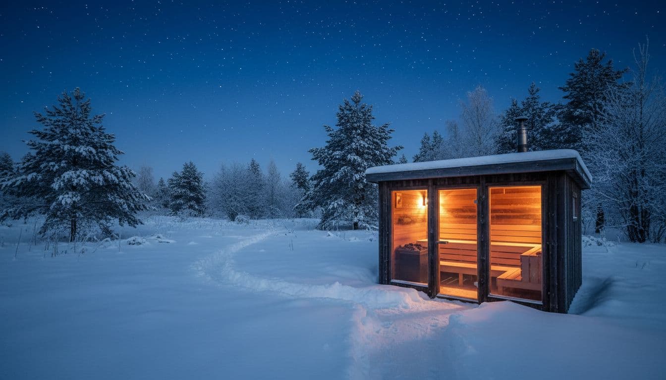Holz-Outdoor-Sauna in einem winterlichen Garten mit schneebedecktem Boden, beleuchtet mit offener Tür, die das warme innere Glühen zeigt, Sterne am Himmel, ruhige Atmosphäre mit kühlblauem Außenlicht im Kontrast zum warmen Inneren.