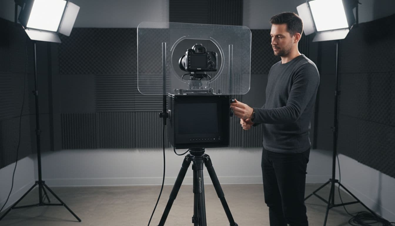 Professional teleprompter on a tripod with DSLR camera in a small studio, clear beam splitter glass reflecting prompt invisibly, operator adjusting monitor brightness, modern lighting, high detail realistic photography.