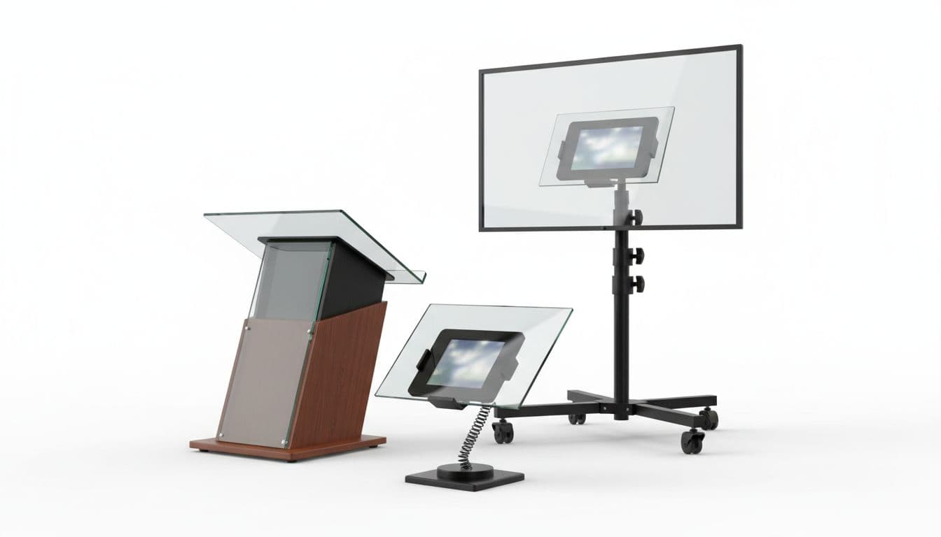 Three professional teleprompters displayed on a white background: compact on-camera model with smartphone mount, podium teleprompter, and studio floor-standing unit with large glass.