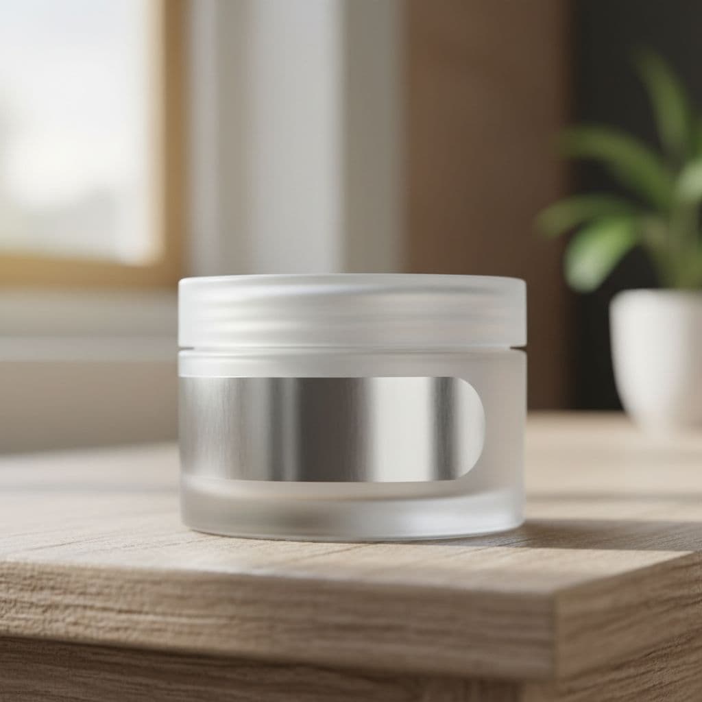 Close-up of product jar with sleek silver vinyl sticker on wooden table, natural light creating reflections.