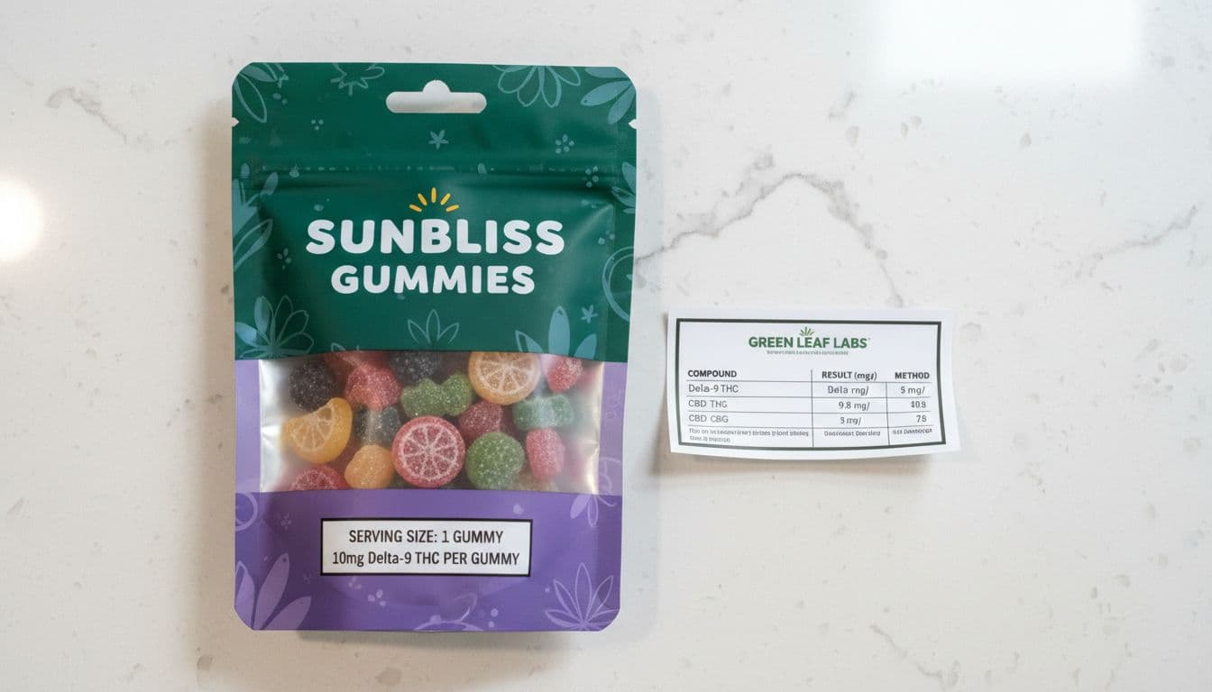 A realistic flat lay of a colorful cannabis edibles gummies package on a kitchen counter, featuring 10mg Delta-9 serving size label next to a COA snippet confirming mg/g totals.