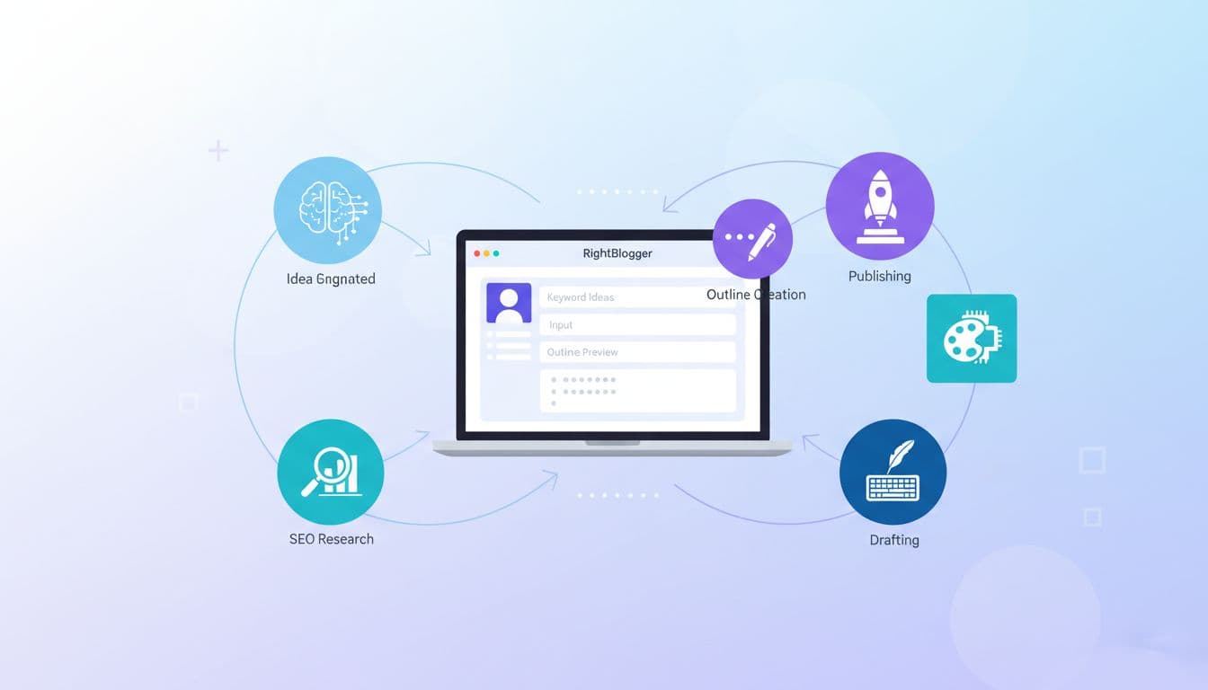 Flat illustration of an AI-powered blogging workflow centered around a RightBlogger dashboard on a laptop, with icons for ideas, SEO, outlines, drafting, and publishing connected around it