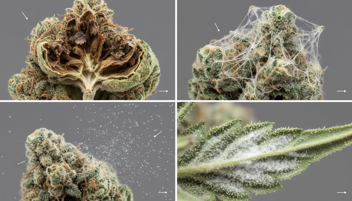 Visual collage of mold indicators in cannabis buds: darkened brown interior rot, webby white mycelium threads, and powdery spores puffing out when gently broken apart.
