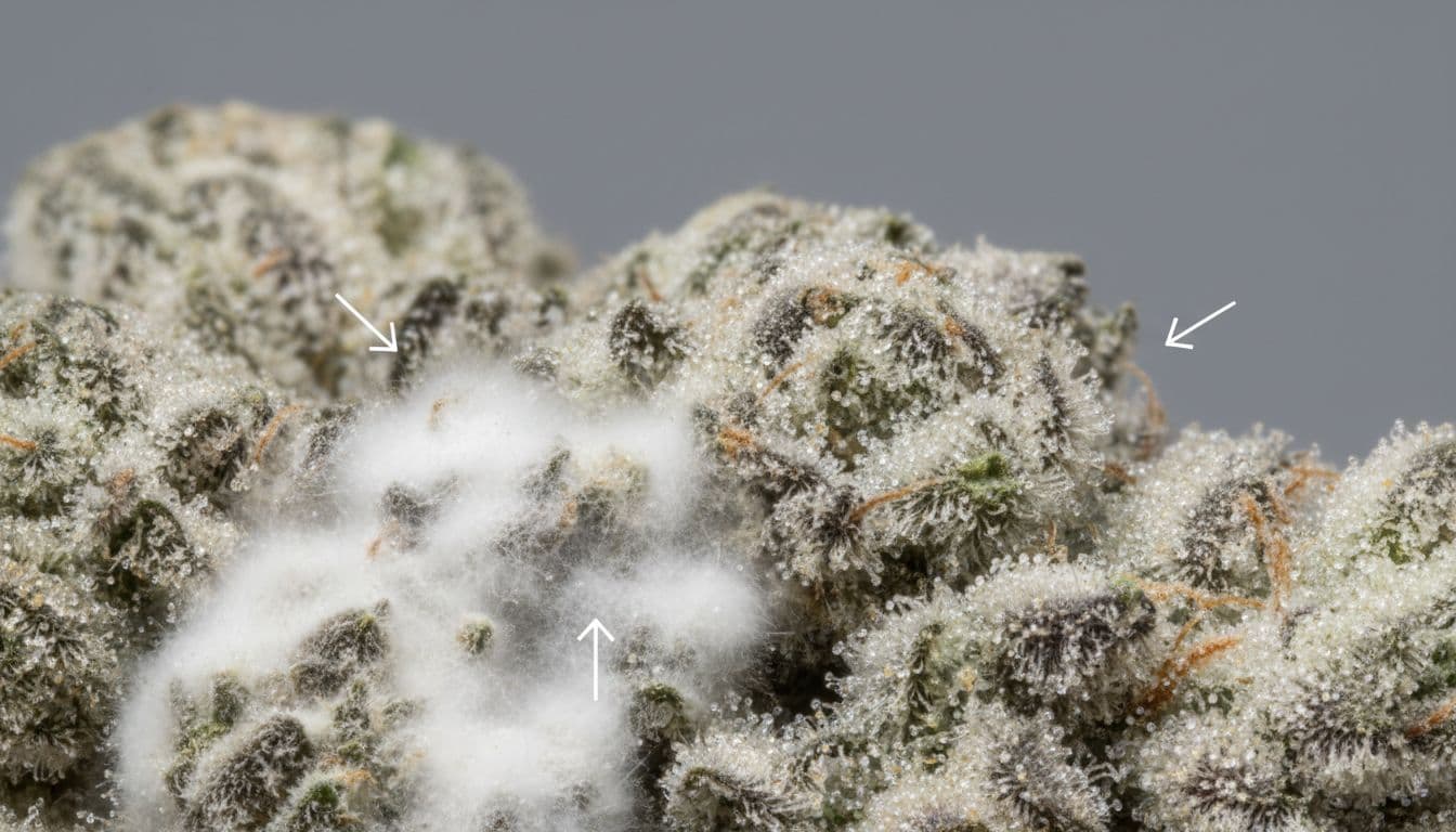 Macro close-up contrasting fuzzy white and gray botrytis mold on cannabis buds with healthy buds covered in sparkling trichomes, in clean clinical photography style with subtle arrows highlighting differences.