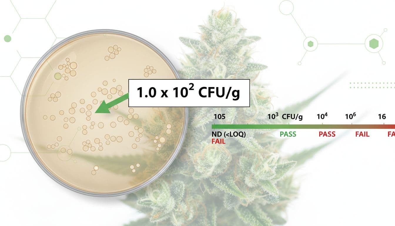 Detailed illustration featuring a petri dish with bacterial colonies labeled 1.0 x 10^2 CFU/g, a scale progressing from ND to higher counts with pass/fail indicators, and a faint magnified cannabis flower background in a modern clinical lab aesthetic.