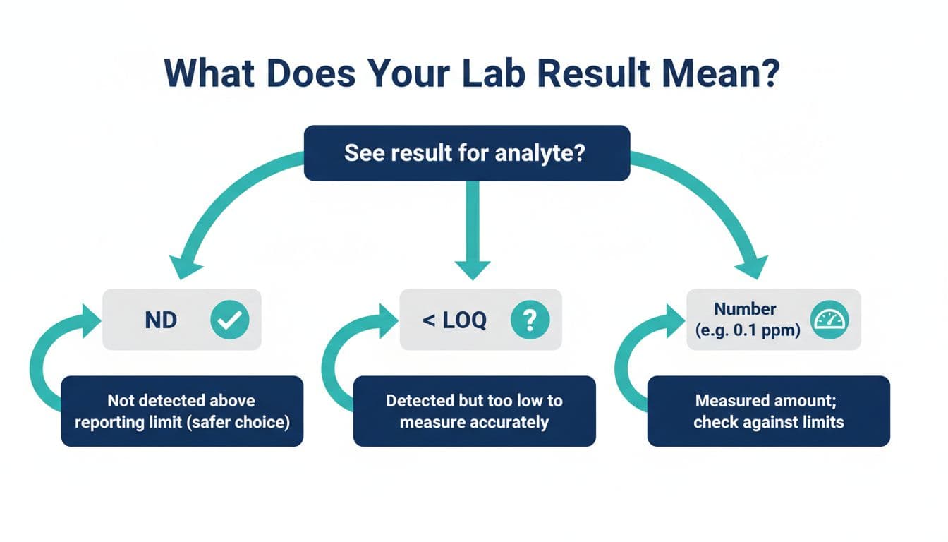 Clean modern infographic with a simple decision flowchart for interpreting cannabis COA lab results, covering ND, <LOQ, and measured concentrations.