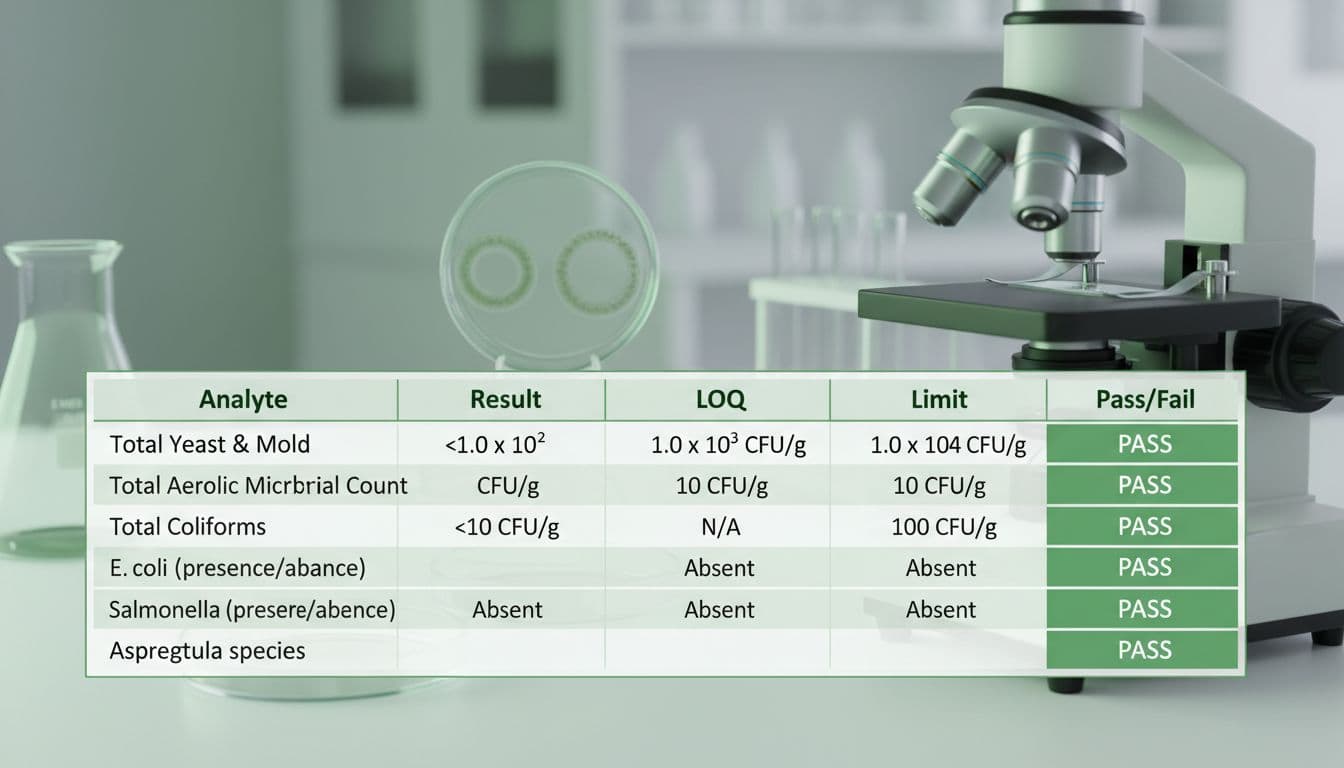 Educational infographic displaying a simplified microbial testing table from a cannabis Certificate of Analysis (COA), featuring analytes like yeast, mold, E. coli, Salmonella with results, LOQ, limits, and pass/fail status in a clean lab aesthetic.