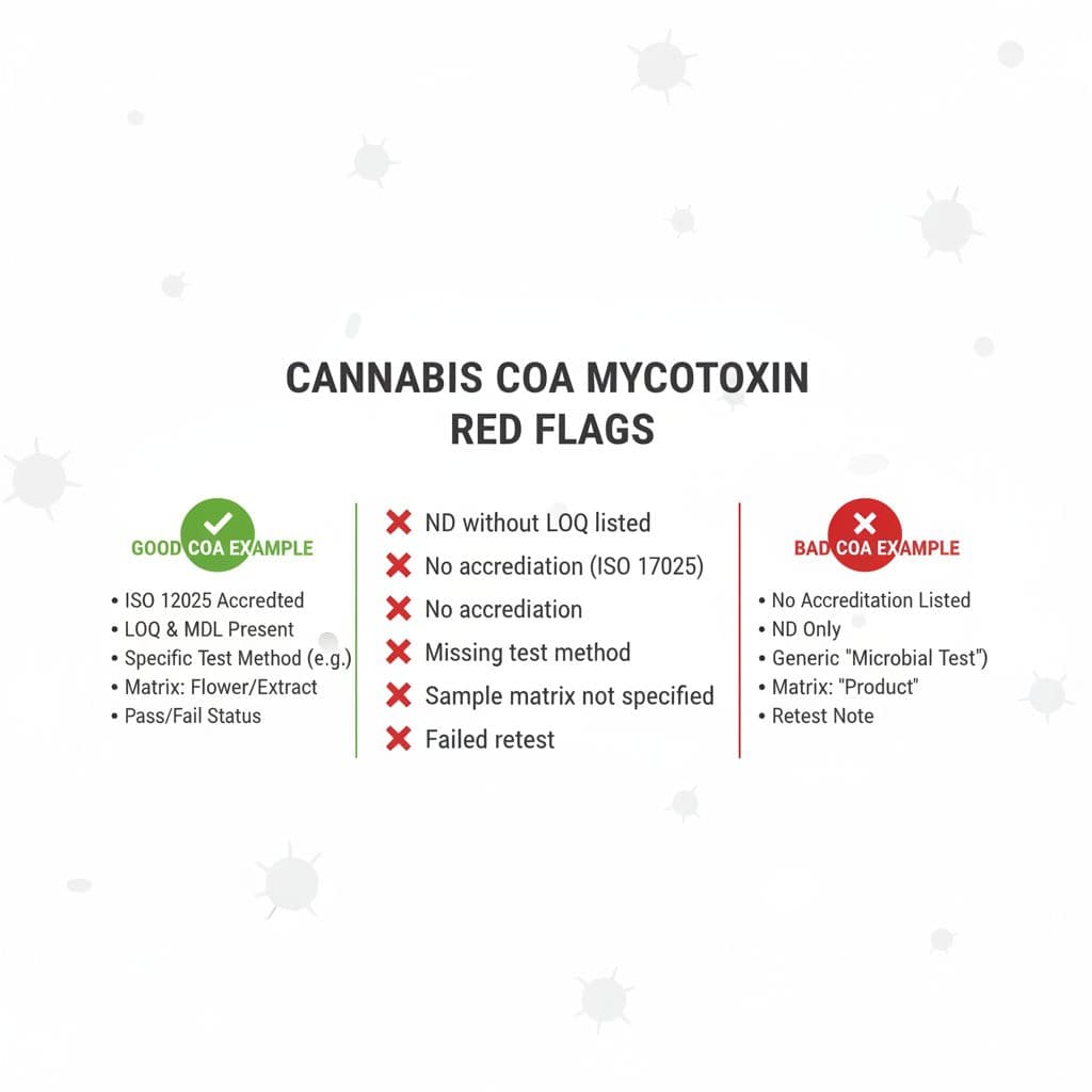Clean, educational medical-style infographic showing red flags in cannabis COA for mycotoxins, featuring a checklist of warnings like missing LOQ or accreditation, and a side-by-side good vs. bad COA example.