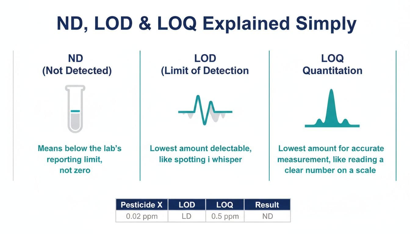 Clean, modern educational infographic explaining ND (Not Detected), LOD (Limit of Detection), and LOQ (Limit of Quantitation) terms in cannabis COA lab testing, with icons, captions, and a sample pesticide results table.