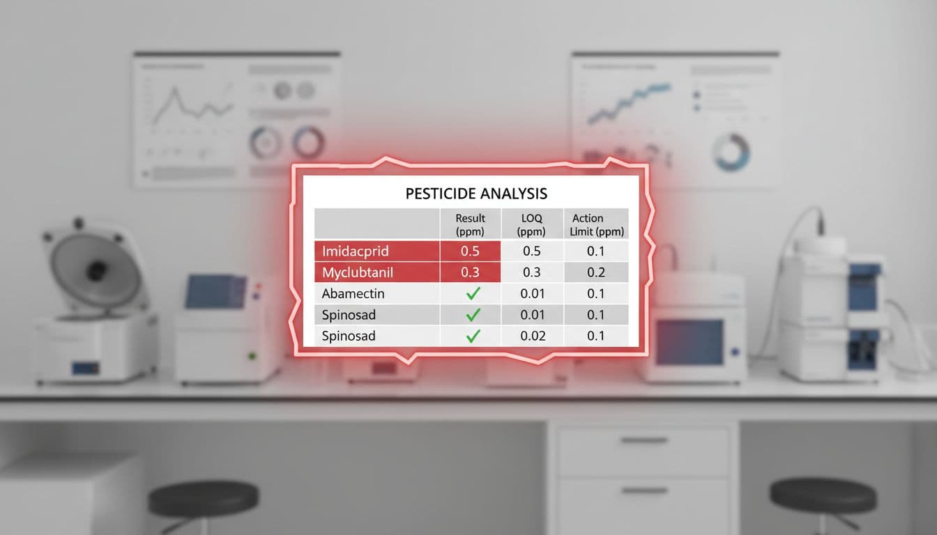 Clean, modern educational illustration depicting a cannabis COA pesticide section with some rows highlighted in red as FAIL and others passing, in a professional lab setting.