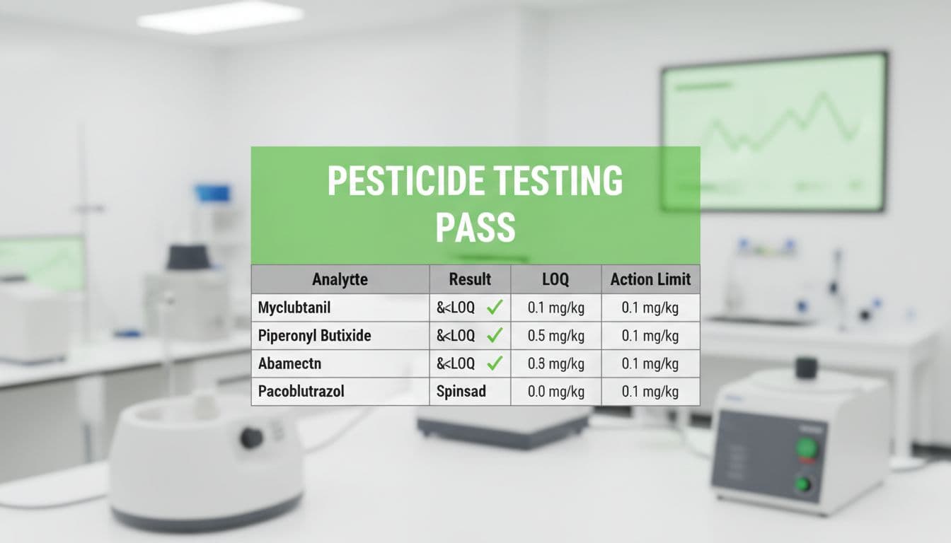 Illustration of a cannabis COA showing the pesticide testing section highlighted in green with all results passing.