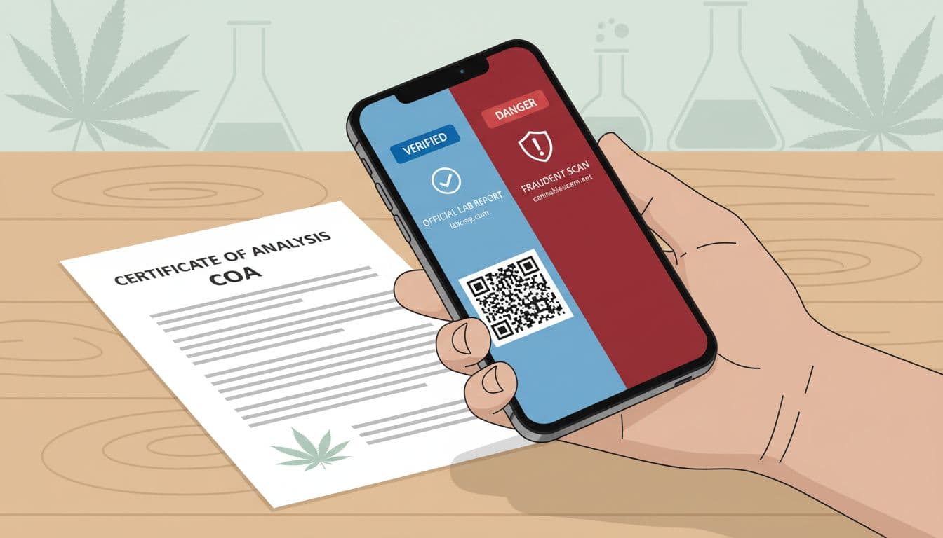 Close-up illustration of a hand holding a smartphone scanning a QR code on a cannabis COA document, with split screen showing successful verification versus fake scan warning.