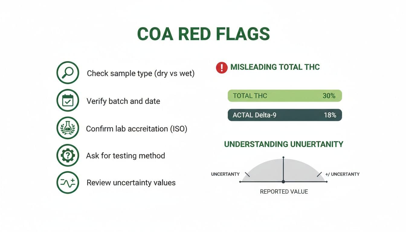 Modern flat design infographic on white background highlighting 5 key red flags in cannabis Certificates of Analysis: sample type, batch/date verification, lab accreditation, testing methods, and uncertainty values, with graphs on THC discrepancies.