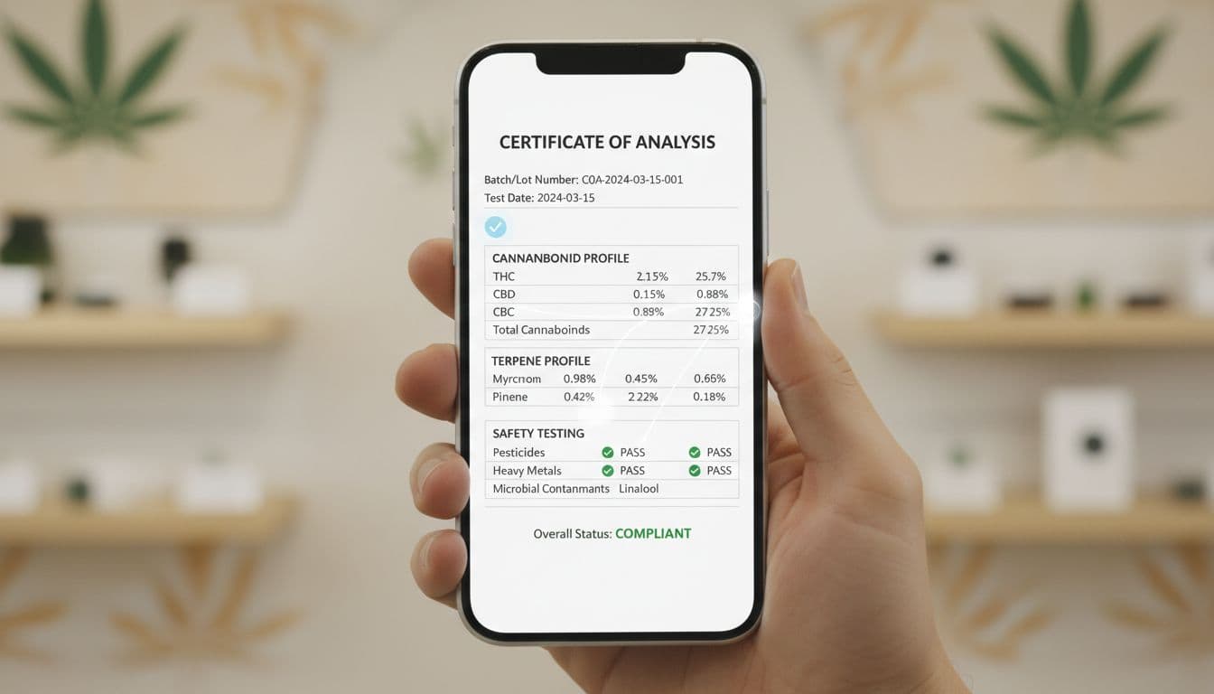 Close-up of a smartphone screen displaying a detailed cannabis Certificate of Analysis (COA), highlighting cannabinoid percentages, terpenes, lot number, and pass/fail results for contaminants.