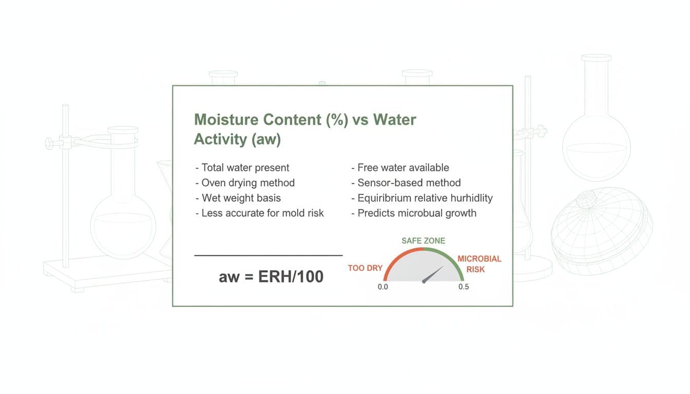 Clean technical infographic comparing moisture content (%) and water activity (aw) for cannabis flower quality control, including definitions, equation aw=ERH/100, and safe zone gauge.