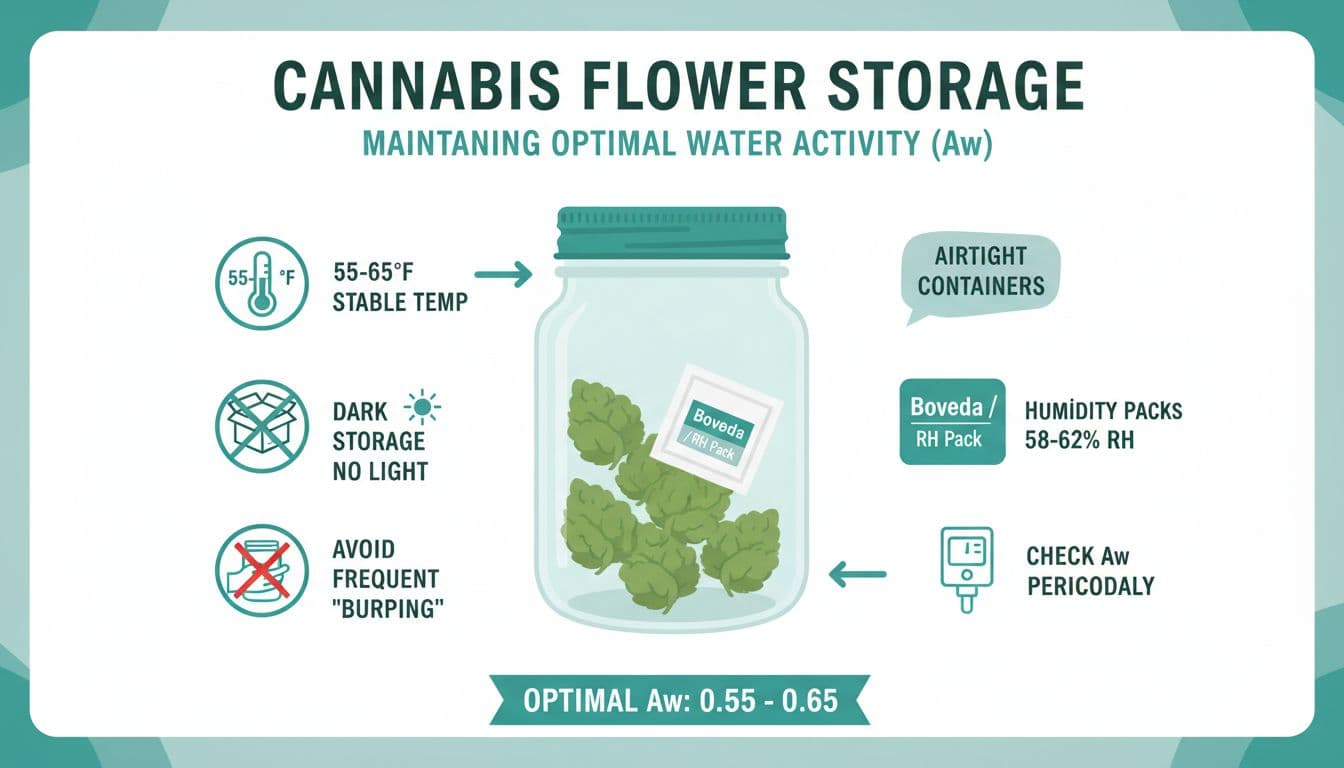Clean, publication-ready infographic on optimal storage practices for cannabis flower to maintain water activity (Aw), featuring airtight jars, humidity packs, temperature guidelines, and storage icons.