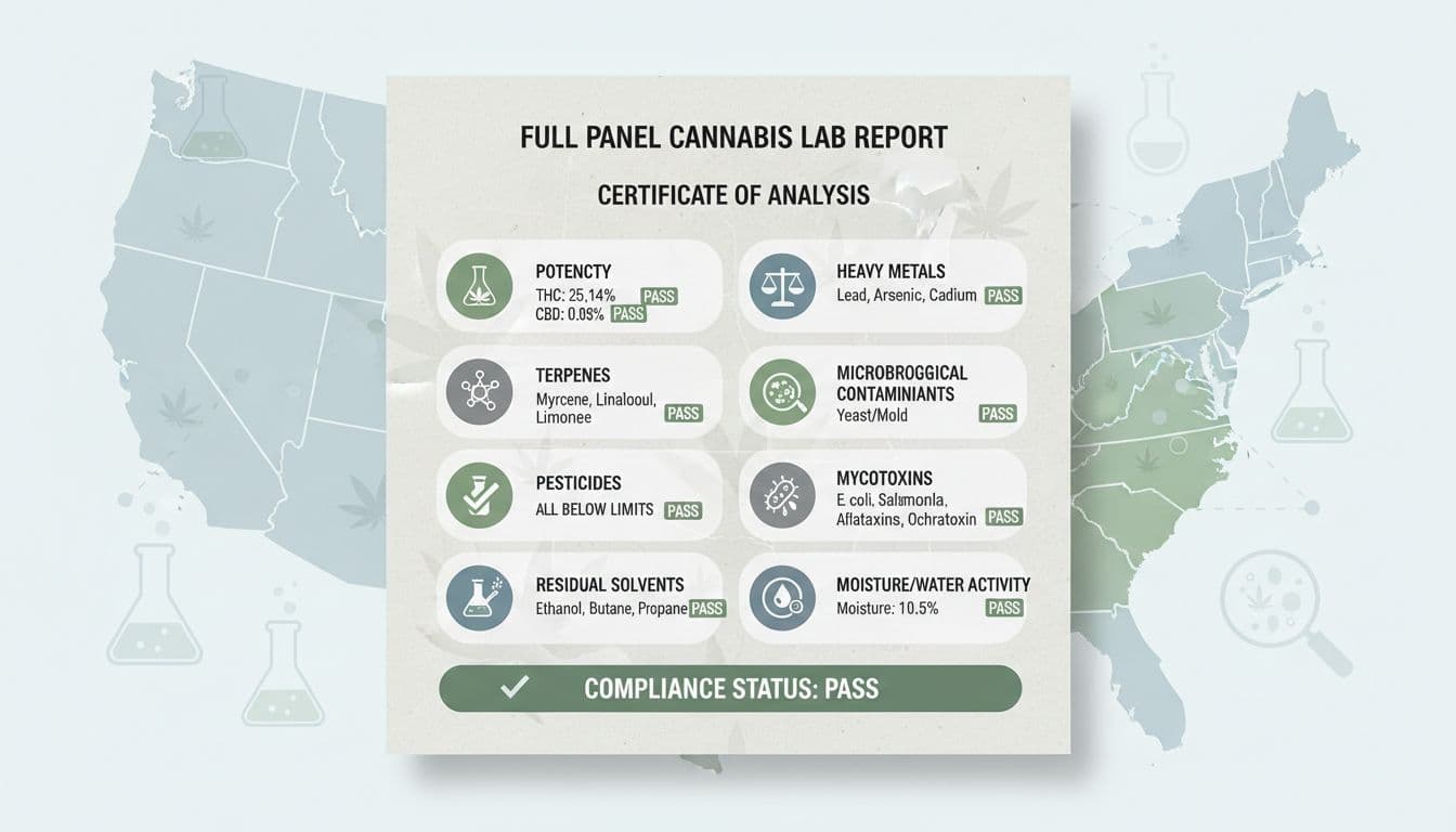 Infographic of a cannabis full panel lab report with sections for safety tests