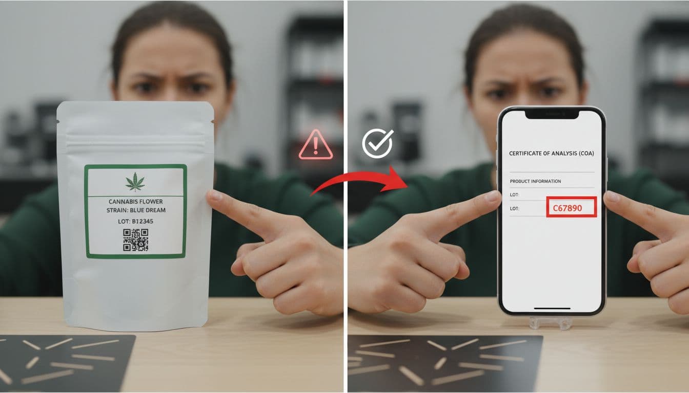 Educational split-image showing a cannabis product package label with lot number and QR code on the left, and a phone screen displaying a COA with a mismatched lot number highlighted in red on the right. Blurred concerned customer face in dispensary counter background, with hands pointing to the discrepancy and subtle warning icons.