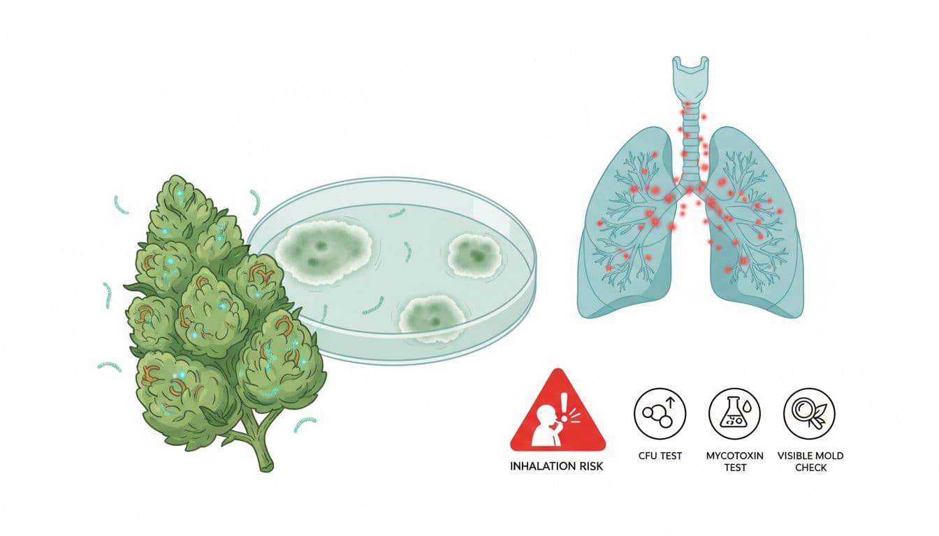 Illustration of hidden mold risks on cannabis buds, featuring a close-up bud with glowing invisible spores, petri dish culture growth, inhalation warning to lungs, and icons for CFU, mycotoxin, and visible mold tests in a modern clinical lab style.