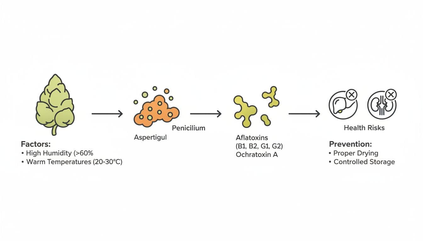 Educational medical-style infographic showing the mycotoxin pathway in cannabis, from mold growth on flowers (Aspergillus, Penicillium) producing aflatoxins B1/B2/G1/G2 and ochratoxin A, to health risk icons for liver and kidney.