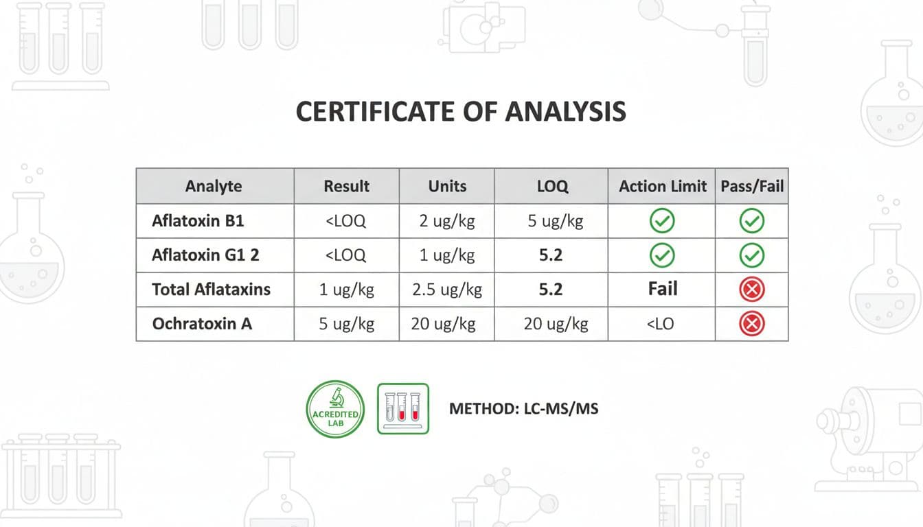 Clean, educational medical-style infographic displaying a sample Certificate of Analysis (COA) table for cannabis mycotoxin testing, including Aflatoxins B1, B2, G1, G2, Total Aflatoxins, and Ochratoxin A with results, limits, and pass/fail status.