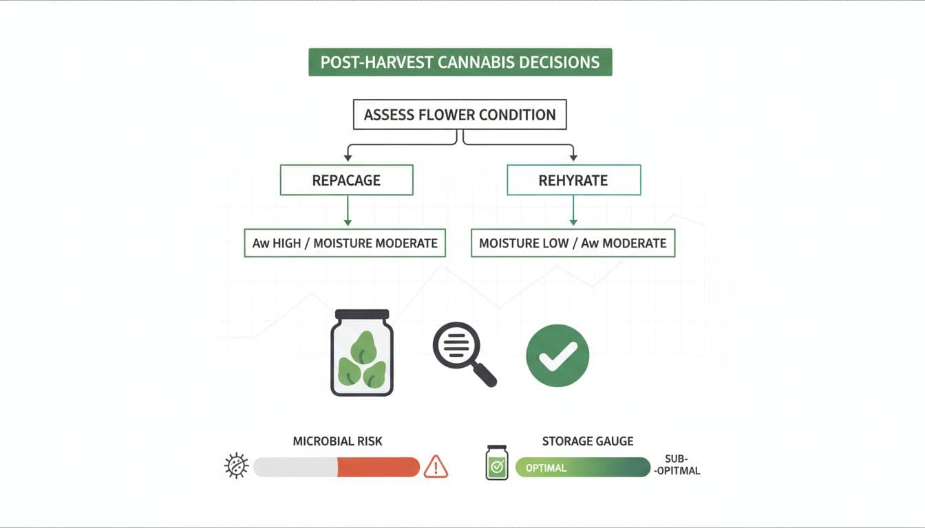 Minimalist infographic panel with a decision tree for cannabis post-harvest handling based on moisture and water activity (AW) levels, guiding repackaging or rehydration, featuring microbial risk bar, storage gauge, and icons like flower jar and tester.