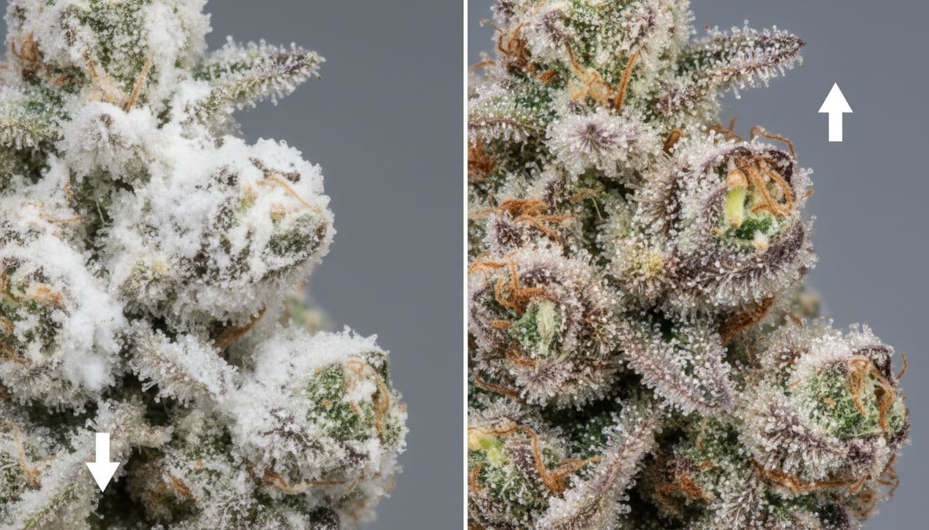 Side-by-side macro comparison of powdery mildew on cannabis buds showing dull white film versus healthy sparkling trichome frost on buds.