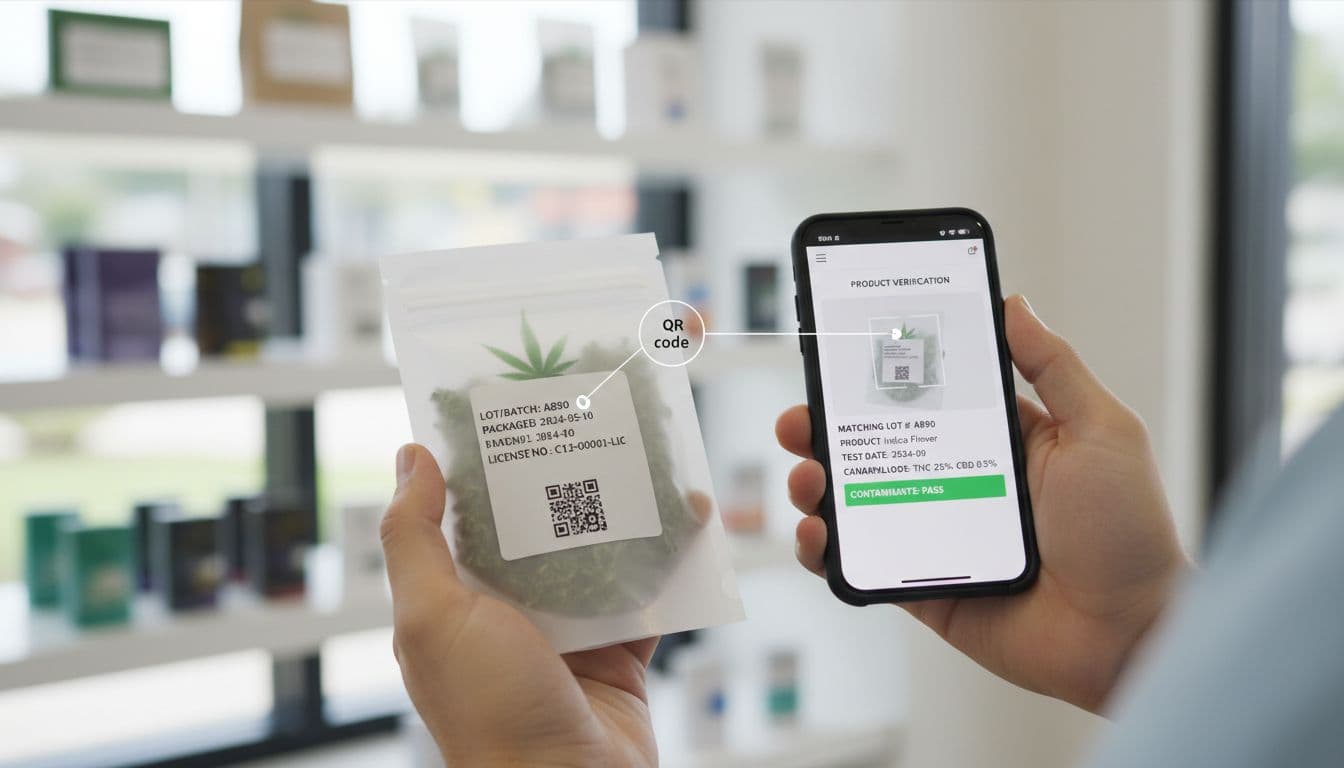 Customer's hands in a dispensary hold a sealed cannabis package with visible lot number and QR code, while a smartphone scans it to display matching COA details including cannabinoids and contaminants test results.