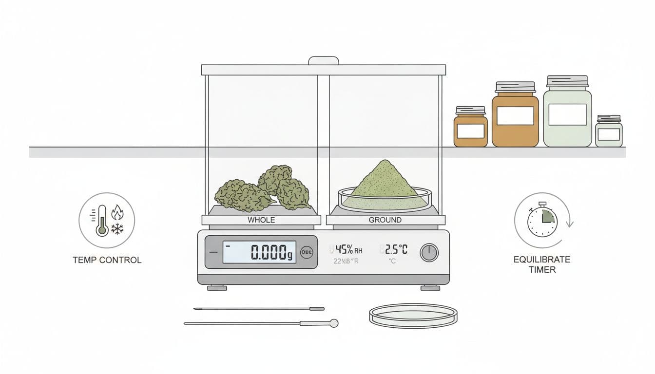 Minimalist technical illustration showing whole cannabis flower buds beside ground flower sample on scales, with humidity sensors, temperature icons, and lab sampling tools.