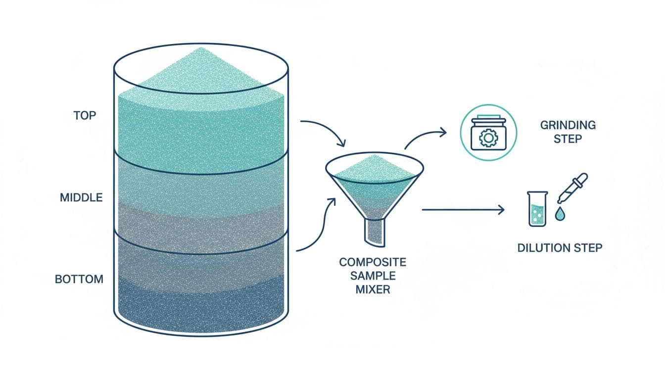 Modern scientific vector illustration of sampling variability in cannabis flower or powder batch testing, showing a cylindrical container divided into sections with color gradients, sampling arrows, and icons for grinding and dilution.
