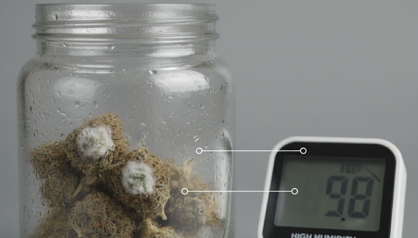 Storage jar with dried cannabis flowers displaying condensation droplets and early fuzzy mold spots due to high humidity, with a hygrometer nearby showing elevated levels.