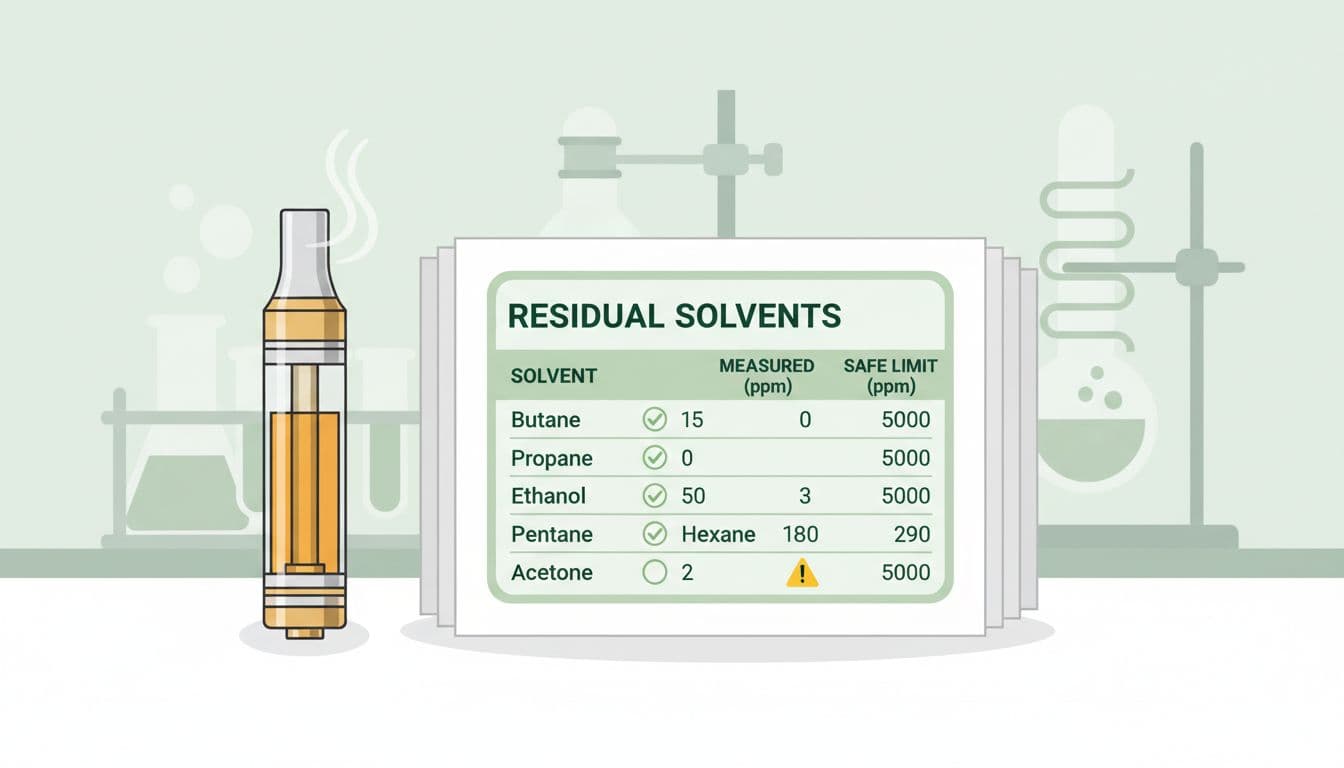 Infographic illustration of a cannabis vape cartridge next to a lab report highlighting residual solvents levels and safe limits in a clean, clinical style.