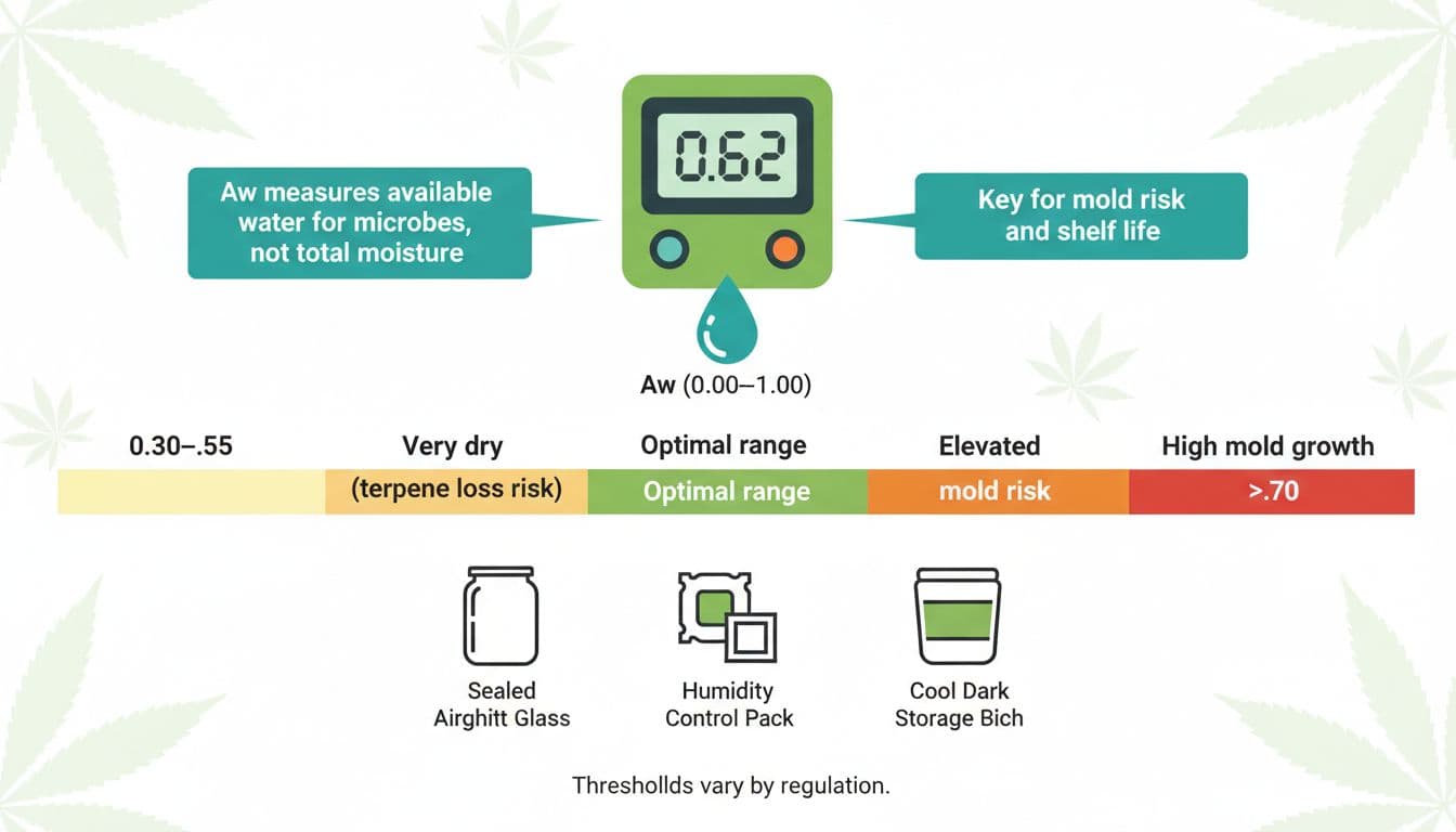 Clean, publication-ready infographic explaining water activity (Aw) in cannabis flower testing, featuring an Aw meter at 0.62, color-coded scale for mold risk zones, key callouts, and storage icons.