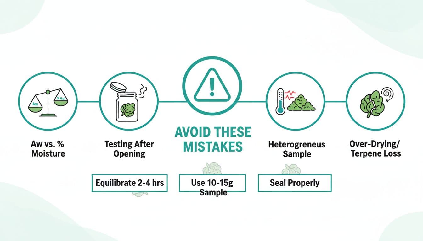 Clean, modern flat design infographic illustrating key pitfalls in cannabis Aw testing, such as confusing Aw with moisture content, improper equilibration, temperature fluctuations, and heterogeneous sampling, with practical tips for accurate results.