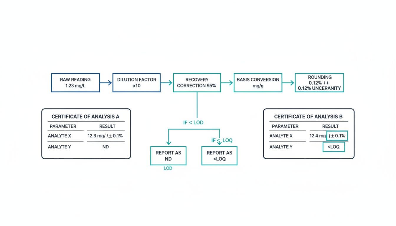 Clean vector graphic of a central flowchart showing lab calculations in COA reporting, from raw instrument readings through dilution, recovery correction, basis conversion, rounding, and uncertainty, with side-by-side COA comparisons and branches for ND and LOQ.